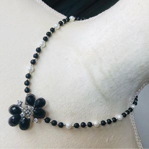Handcrafted repurpose black and white pendant Czech glass Pearl necklace